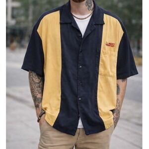 Vintage MOST WANTED Bowling Shirt Mens Size L Colorblock Short Sleeve Button Up